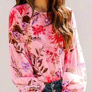 Pink Elegant Women's Floral Print Pleated Bubble Sleeve Vacation Pullover Shirt